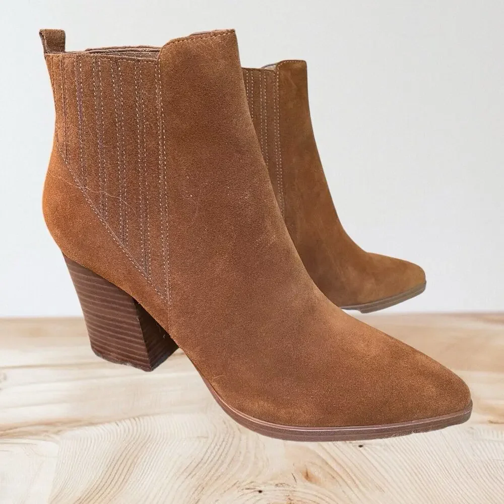 Marc Fisher‎ Alva Booties NEW Suede Leather Womens Size 10 M Cognac Stacked Heel